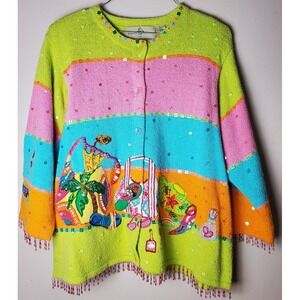 Design Options By Philip Jane Gordon XL Sweater Beach Beaded Art Grandma Novelty